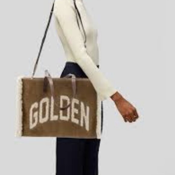 Women Golden Goose California Camel Cream Shearling Trim Suede Tote Handbag - Picture 1 of 16